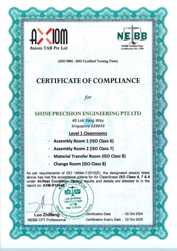 Shine Precision Clean Room Certificate