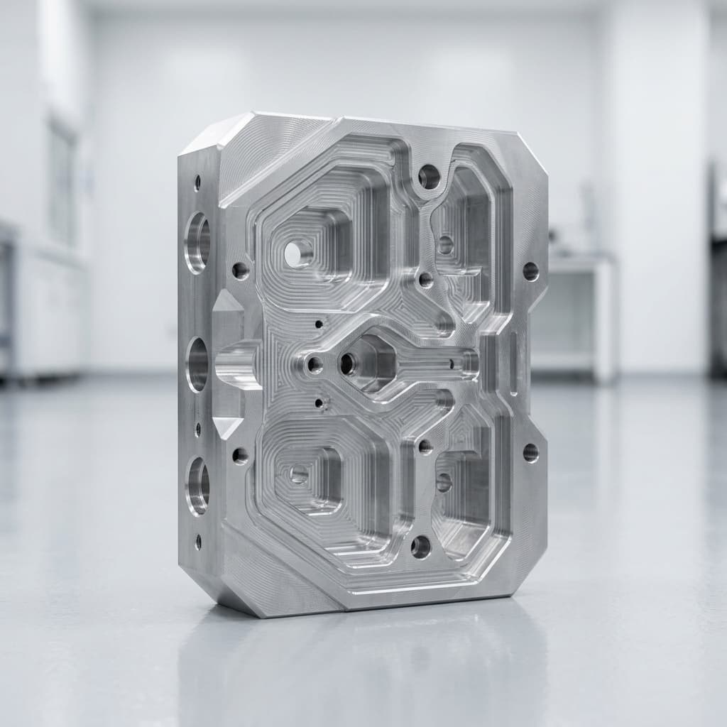 Ultra-precision 5-axis CNC machined aluminum component on cleanroom facility floor